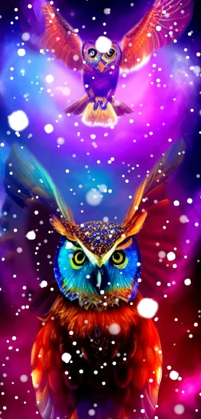 Colorful owl design with a snowy, mystical night sky.