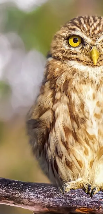 Close-up of an owl perched on a branch with blurred background.