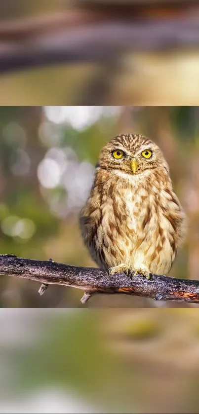 Vibrant owl perched elegantly on a tree branch with blurred background.