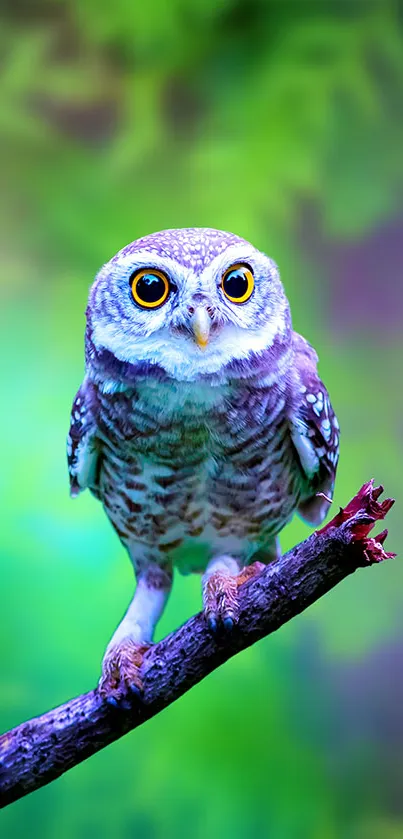 Colorful owl perched on a branch with a vibrant green background.