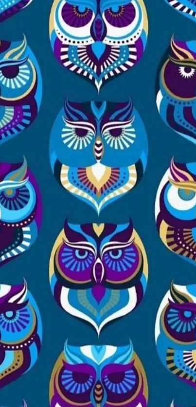 Vibrant and colorful owl pattern wallpaper.