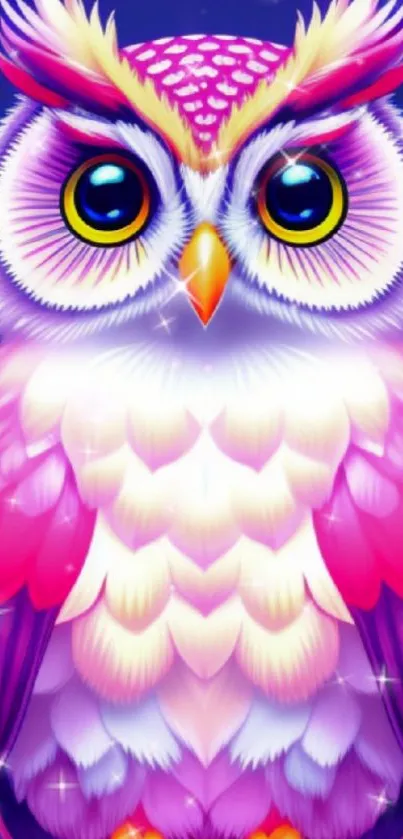 Colorful owl artwork with pink and purple feathers.