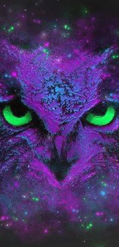 Purple and green cosmic owl phone wallpaper with glowing eyes.