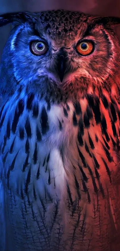 Vivid owl with blue and red hues in a stunning phone wallpaper.