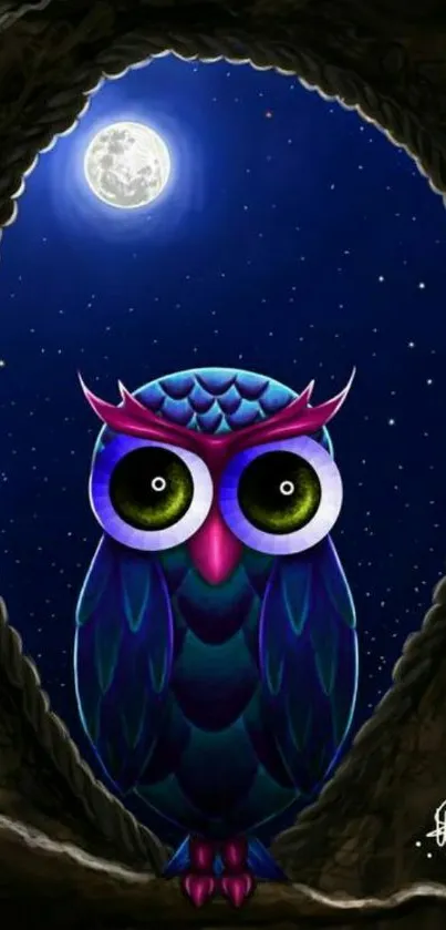 Illustrated owl under moonlight in vibrant colors, perfect for fantasy-themed wallpaper.