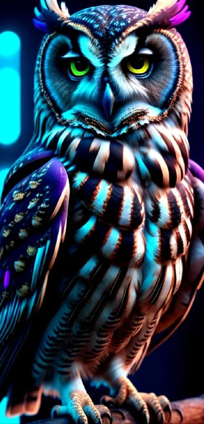 Vibrant owl with neon highlights in a colorful digital art design.