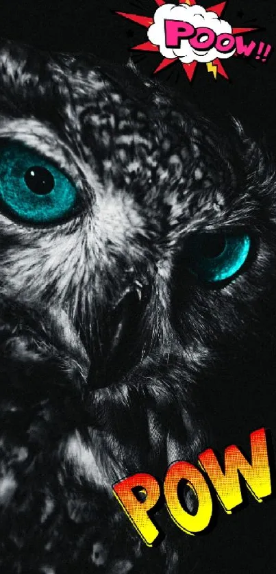 Owl with turquoise eyes and comic-style POW text on black background.