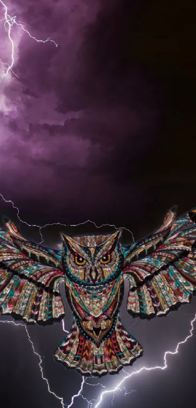 Colorful owl with lightning background in purple storm.