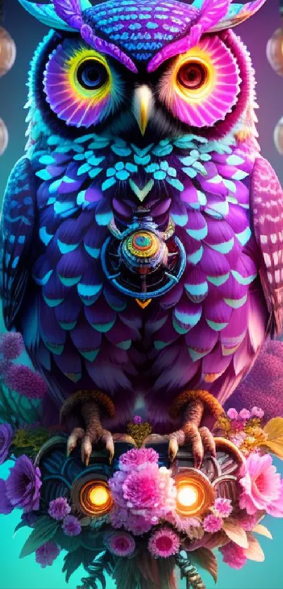 Colorful owl with neon colors and flowers in vibrant design.