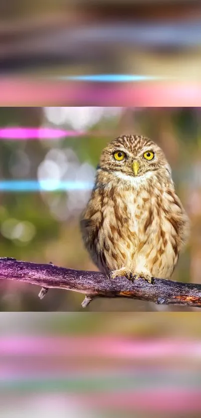 Majestic owl perched with vibrant neon glow on a colorful branch.