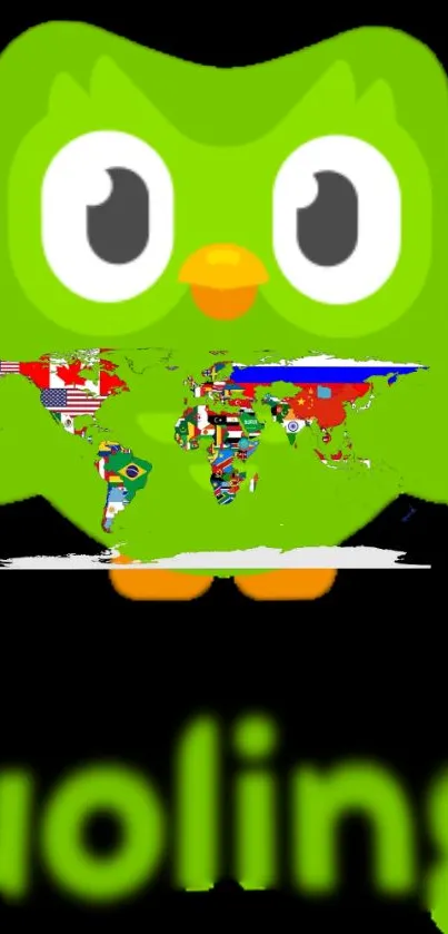 Green owl with world map mobile wallpaper.