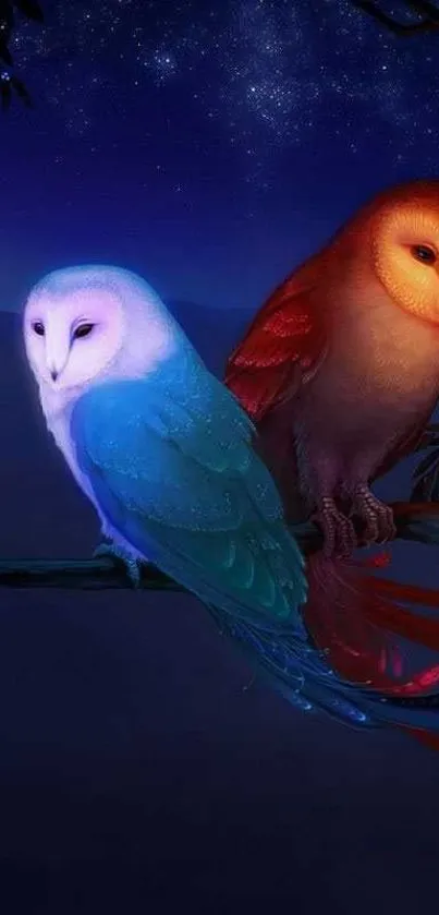 Vibrant dual-colored owls perched on a branch under a starry night sky.