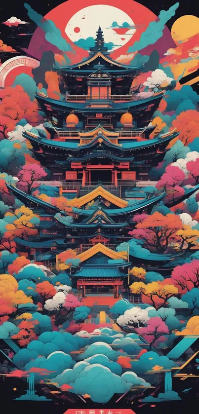 Vibrant pagoda with colorful autumn foliage art.