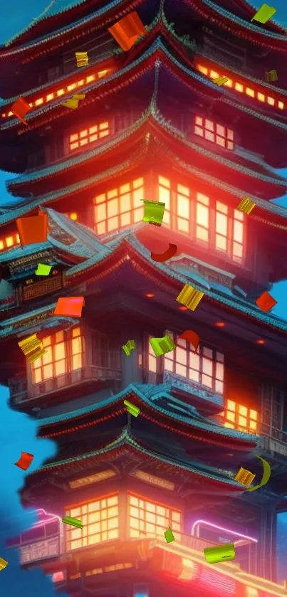 Vibrant pagoda at night with neon lights and floating lanterns.