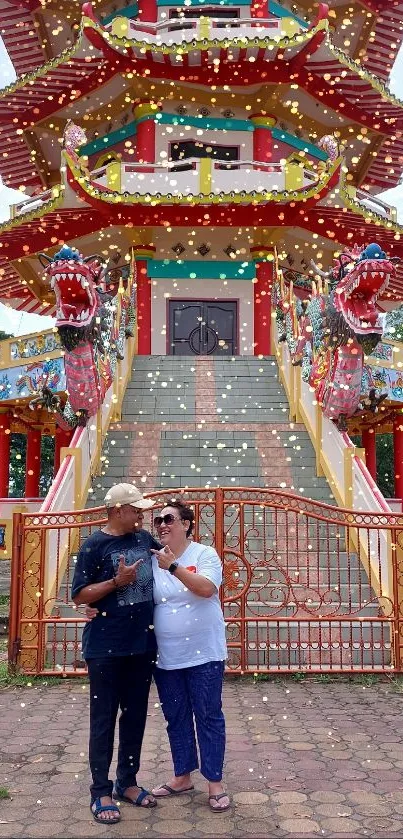 Colorful pagoda with dragon statues ascends majestically, set against a serene sky.