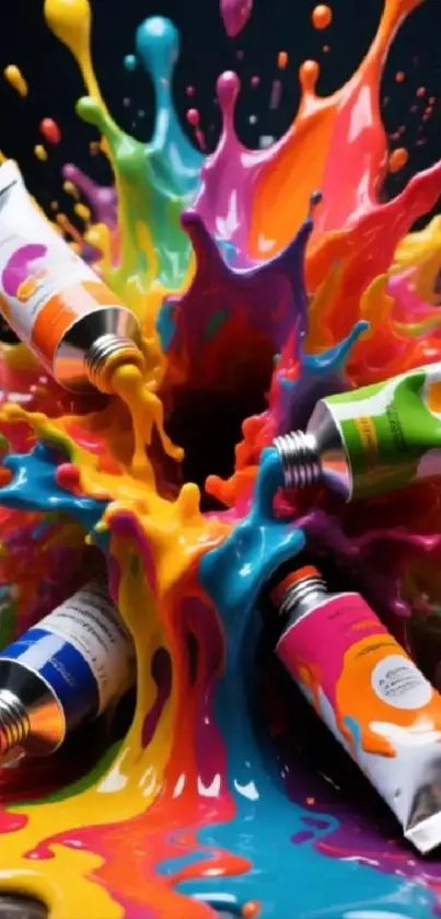 Dynamic explosion of vibrant paint splashes with tubes.