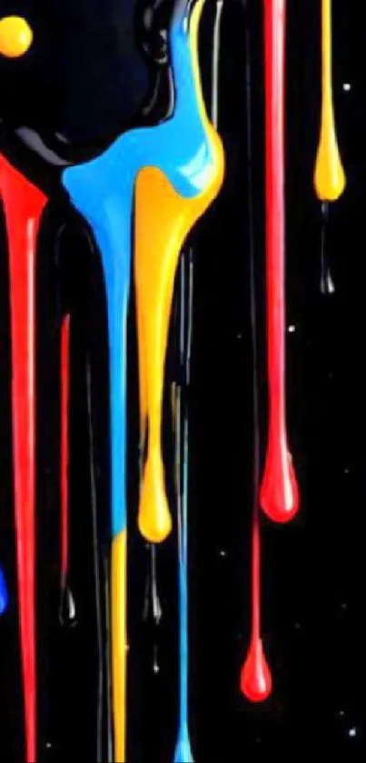 Vibrant paint drips on a black background, forming a colorful abstract design.