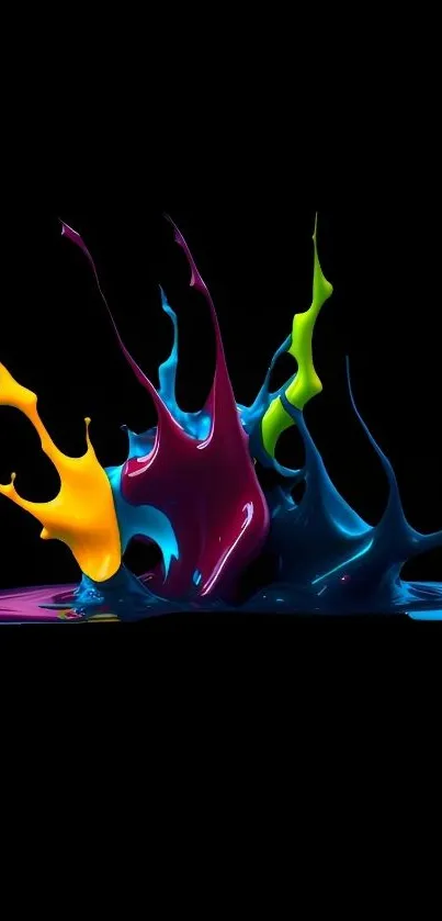 Colorful paint splashes on black background, perfect for mobile wallpaper.