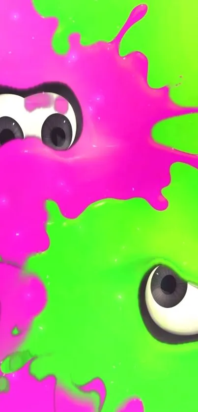 Cartoon eyes behind pink and green paint splashes.