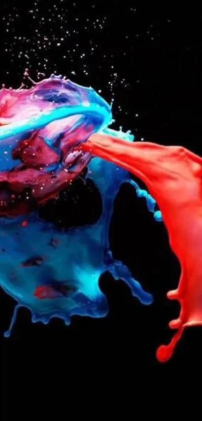 Vibrant red and blue paint splashes creating an abstract wallpaper art.