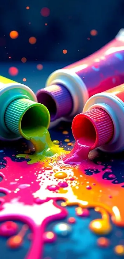 Colorful paint tubes with vivid splashes on black background.