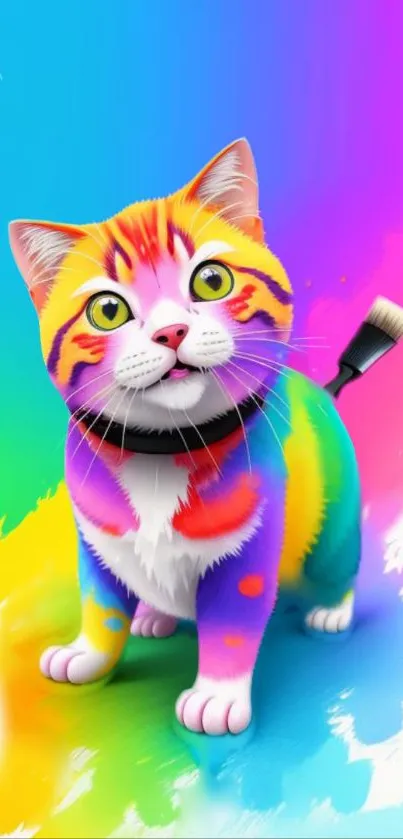 A vibrant, rainbow-painted cat on an abstract, colorful background.