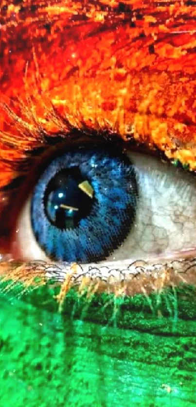 A vibrant eye painted with orange and green hues on a mobile wallpaper.