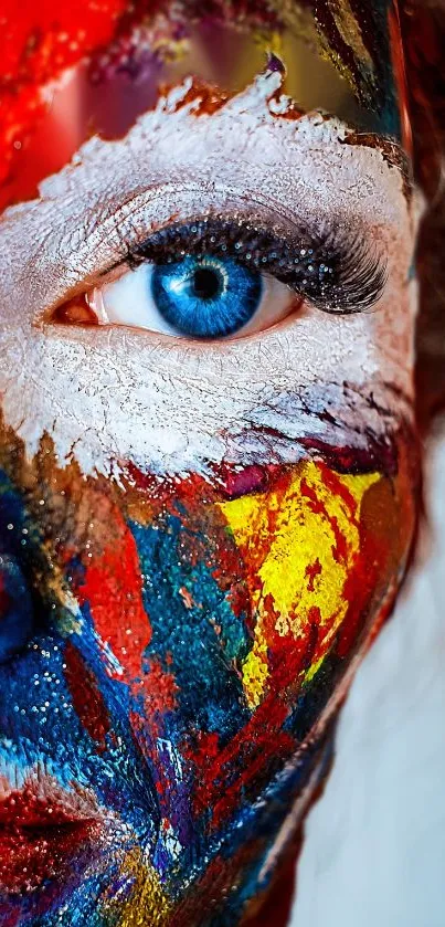 Colorful face art with blue eye and vibrant paint design.