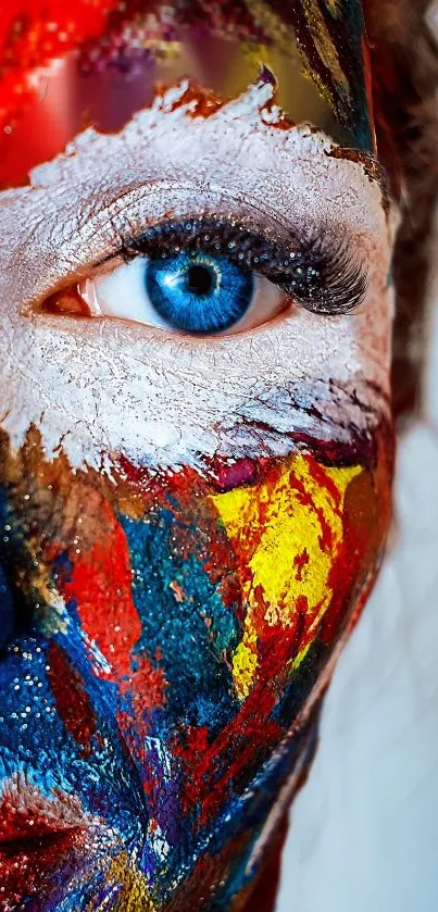 A vibrant face painted with vivid colors and a striking blue eye.