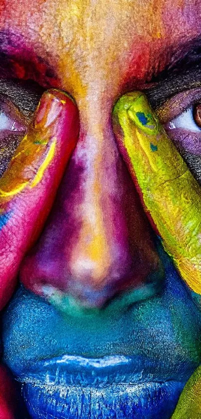 Colorful face paint with vibrant blue highlights in a creative wallpaper.