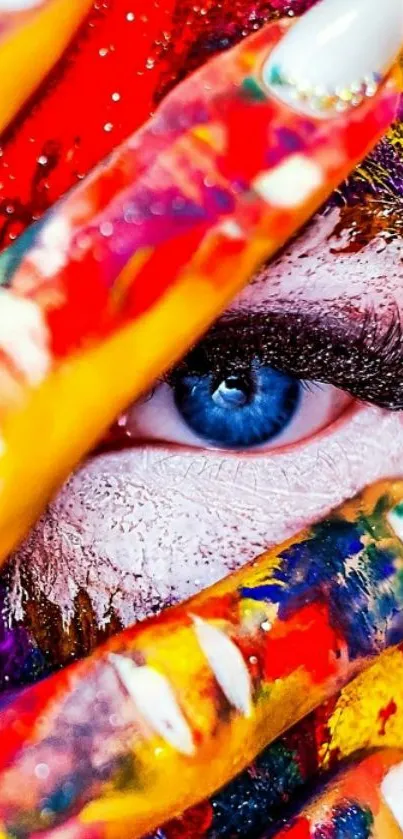 Colorful abstract painted hand with vibrant eye.