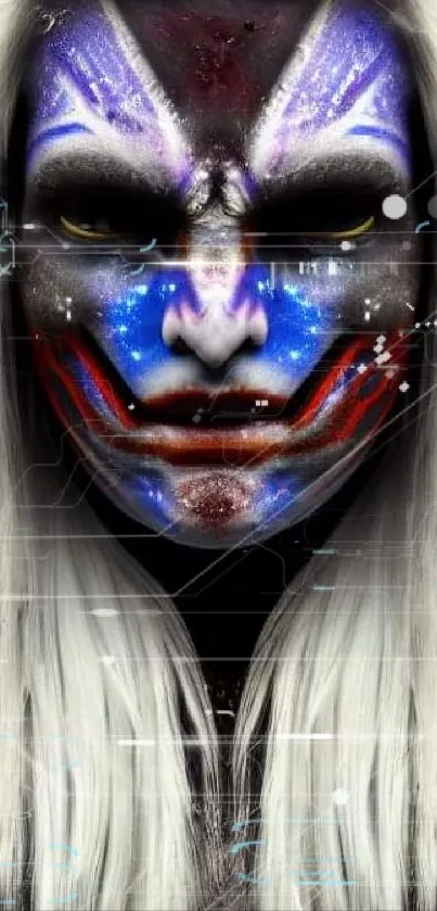 Vibrant mask art with cosmic colors and digital design on a mobile wallpaper.