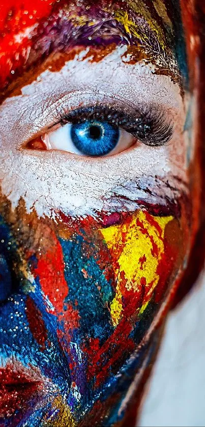 Close-up of a vibrant painted face with a focus on the blue eye.