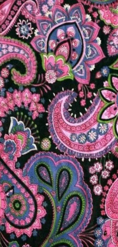 Vibrant paisley pattern wallpaper with pink and green shades.