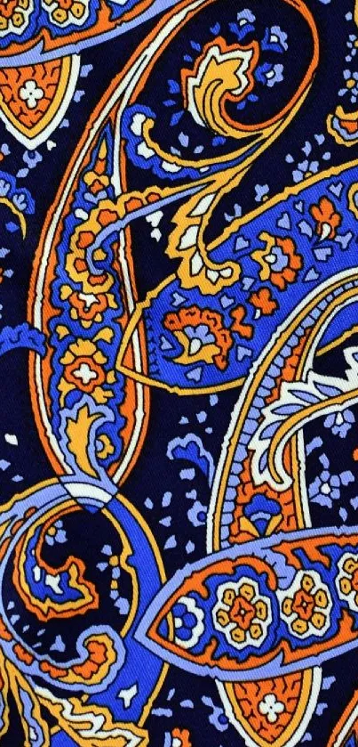 Intricate colorful paisley pattern wallpaper with blue and orange hues.