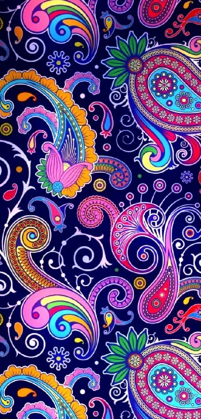 Vibrant paisley pattern wallpaper with colorful designs and navy background.