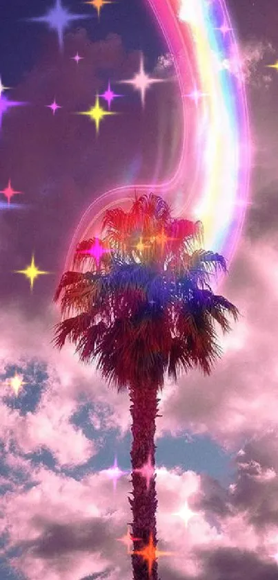 Palm tree against neon-lit sky with vibrant colors and dreamy effect.