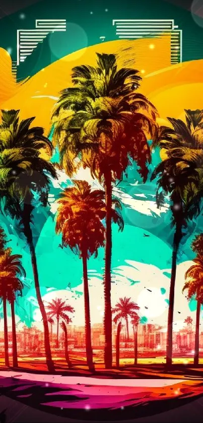 Vibrant palm trees with colorful beach backdrop on mobile wallpaper.