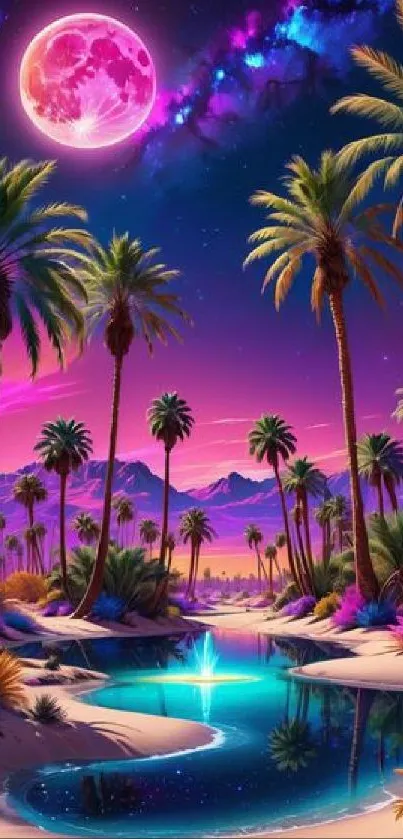 Vibrant pink and purple oasis with palm trees at night.