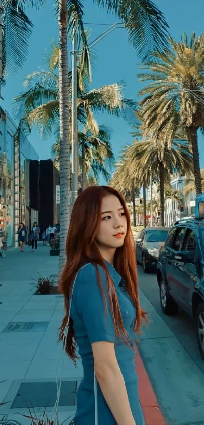 Stylish woman on palm-lined urban street.