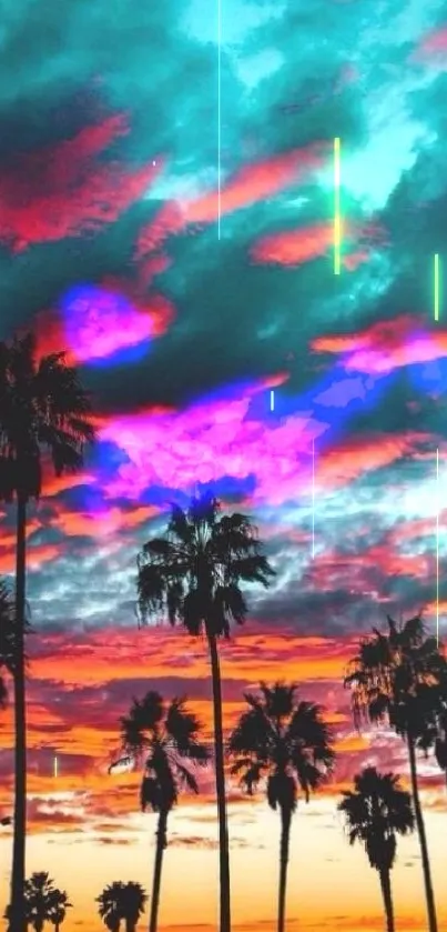 Vibrant sunset with palm silhouettes under a teal sky.