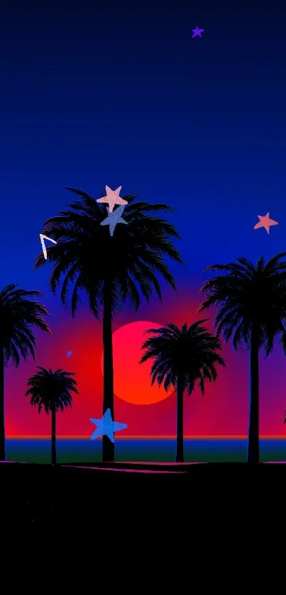 Vibrant sunset with silhouetted palm trees against a dark blue sky.