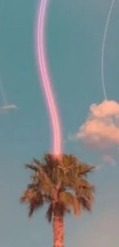 Palm tree with pink aura against a light blue sky.