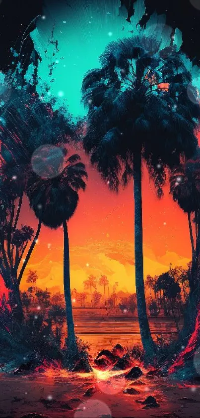 Colorful palm tree explosion at sunset wallpaper.