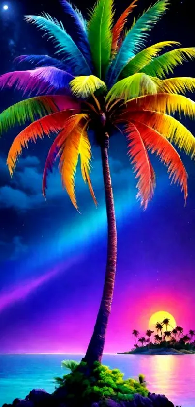 Vibrant palm tree with colorful leaves against a tropical sunset backdrop.