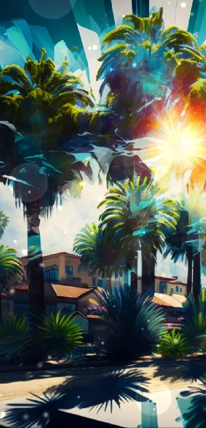 Colorful palm tree scene with bright sunburst and teal sky.