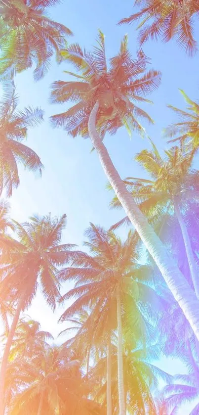 Colorful palm trees under a clear blue sky.