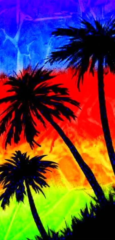 Silhouetted palm trees against a vibrant sunset gradient wallpaper.