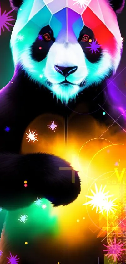 Bright, abstract panda design wallpaper with vibrant colors and digital art elements.