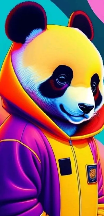 Colorful panda illustration in a vibrant hoodie design.